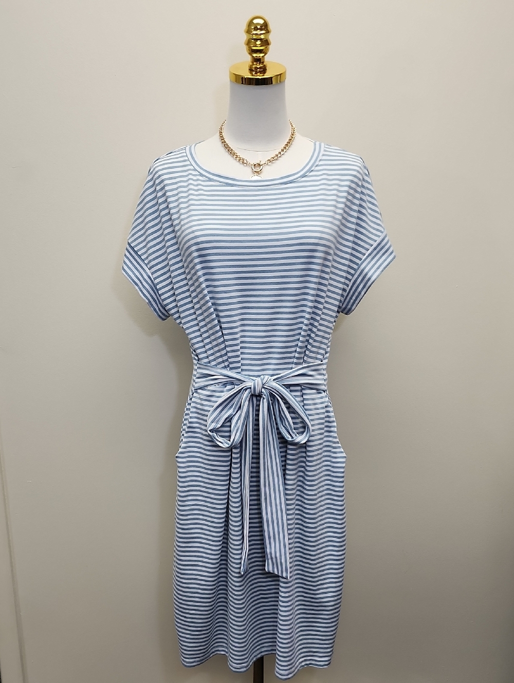 Merokeety Blue White Striped Tie Waist Midi Dress Size XL